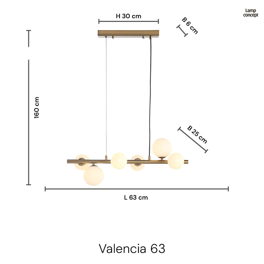 Valencia Small Lange Hanglamp 63cm Messing/Opal