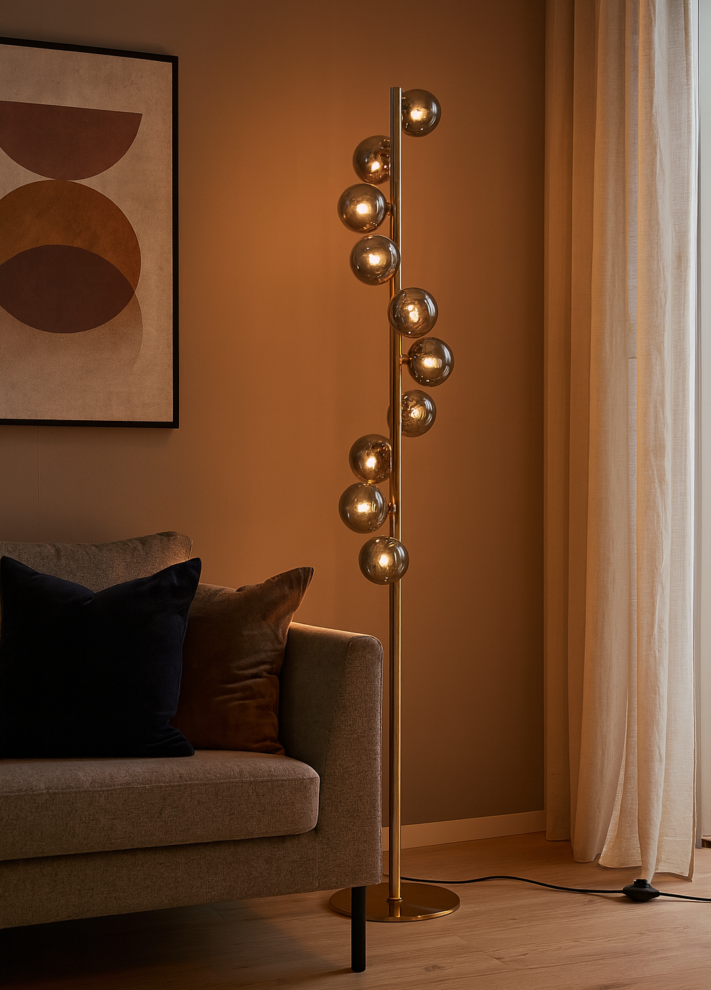 Trento Vloerlamp Messing/Gerookt Glas