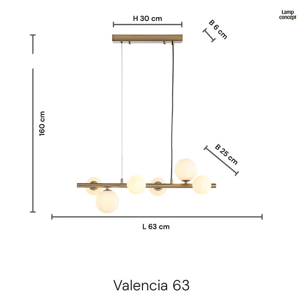 Valencia Small Lange Hanglamp 63cm Messing/Opal